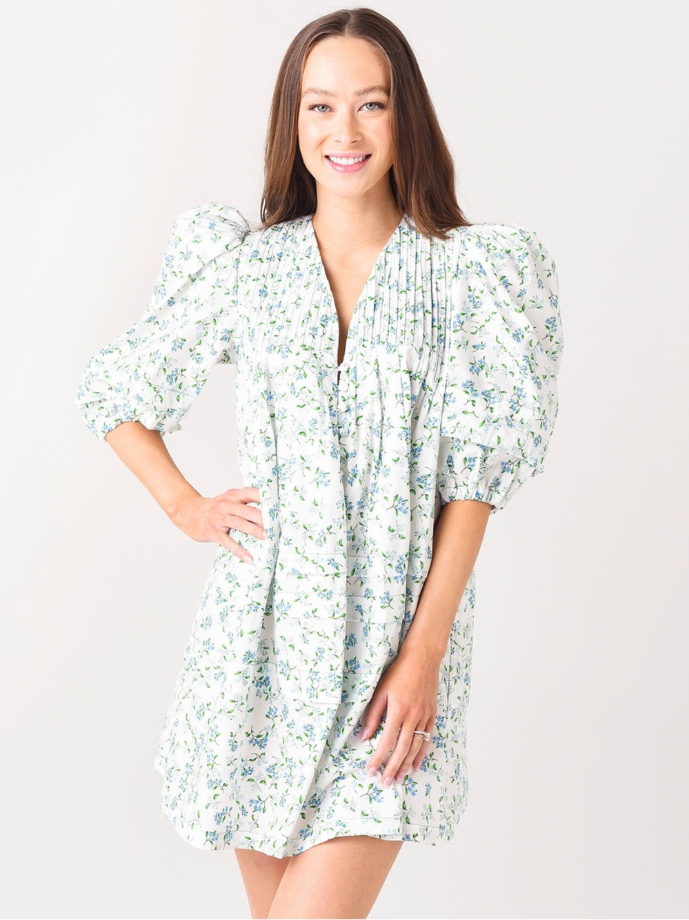 HUNTER BELL White Mini Dress with Blue & Green Floral Print